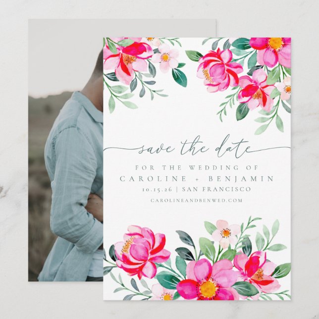 Elegantes pinkfarbenes Foto Hochzeit der Flora Save The Date (Vorne/Hinten)