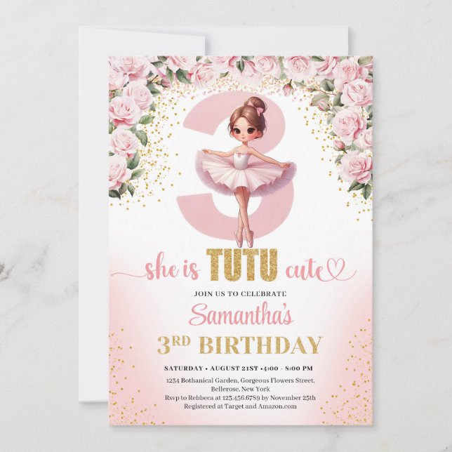 Elegantes pinkfarbenes Tutu Kleid Gold Mädchen 3. Einladung (Vorderseite)