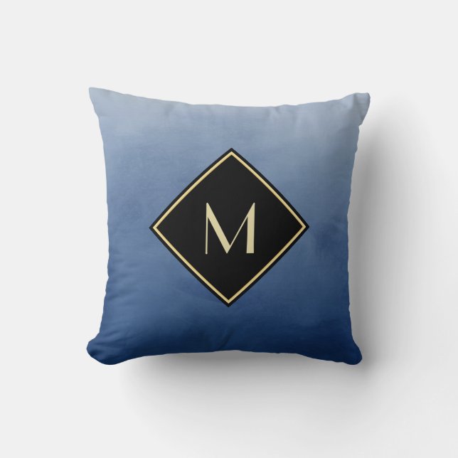 Elegantes Pinselblau mit einfachem Goldmonogramm Kissen (Vorderseite)