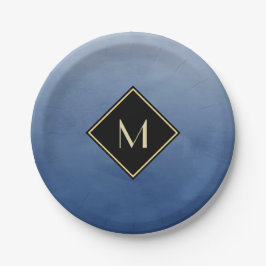 Elegantes Pinselblau mit einfachem Goldmonogramm Pappteller
