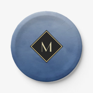 Elegantes Pinselblau mit einfachem Goldmonogramm Pappteller