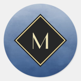 Elegantes Pinselblau mit einfachem Goldmonogramm Runder Aufkleber
