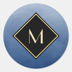 Elegantes Pinselblau mit einfachem Goldmonogramm Runder Aufkleber