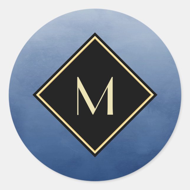 Elegantes Pinselblau mit einfachem Goldmonogramm Runder Aufkleber (Vorderseite)