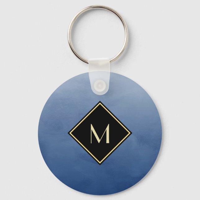 Elegantes Pinselblau mit einfachem Goldmonogramm Schlüsselanhänger (Vorderseite)