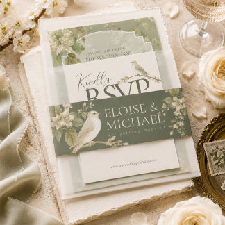 Elegantes Pistaziengrün Florales Vogel Hochzeit Einladungsbanderole