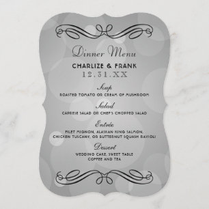 Elegantes Platin-Grau und Schwarzes Hochzeitsdinne Menükarte