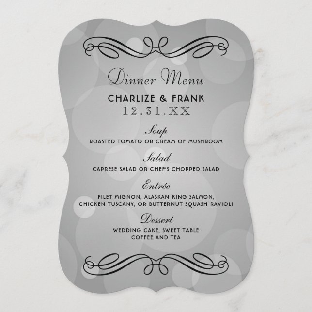 Elegantes Platinum Gray and Black Wedding Dinner Menükarte (Vorderseite)