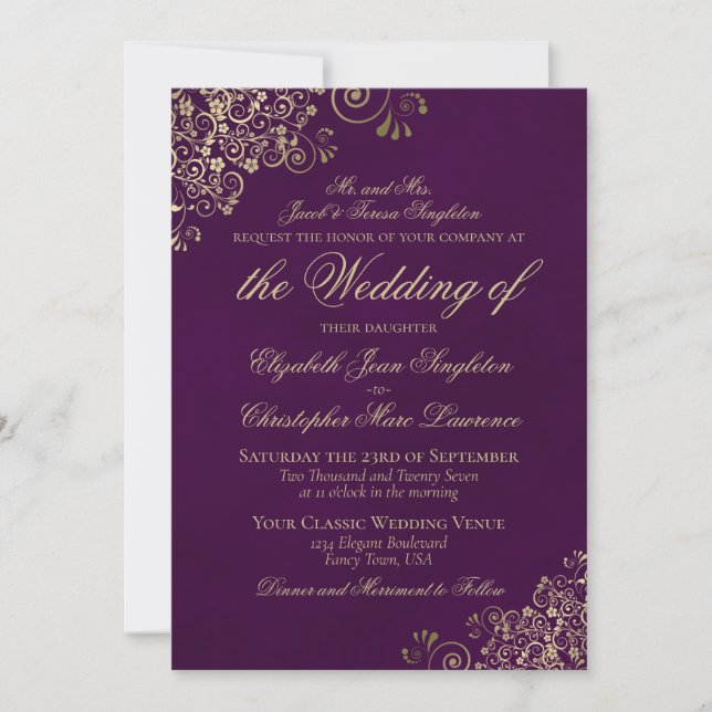 Elegantes Plum Lila & Gold feierliche Hochzeit Einladung (Vorderseite)