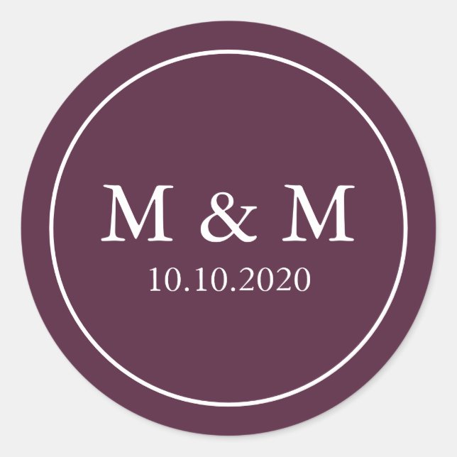 Elegantes Plum Lila Wedding Classic Monogramm Runder Aufkleber (Vorderseite)