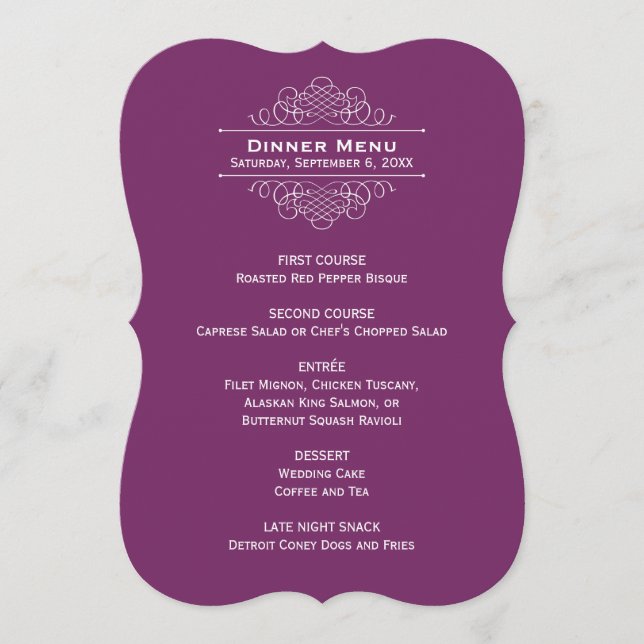 Elegantes Plum Lila Wedding Monogram Dinner Menükarte (Vorderseite)