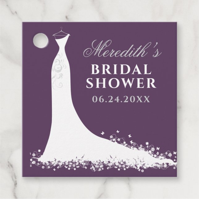 Elegantes Plum Silver Wedding Gown Brautparty Geschenkanhänger (Vorderseite)