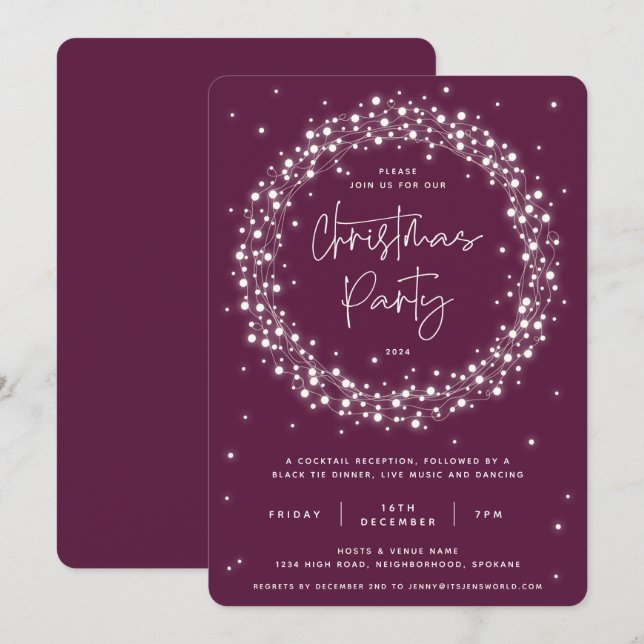 Elegantes Plum Sparkling Lights Weihnachts-Party Einladung (Vorne/Hinten)