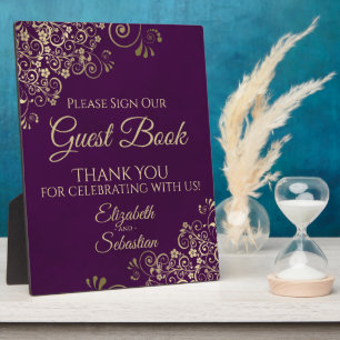 Elegantes Plum und Gold-Zeichen Unser Gästebuch Ho Fotoplatte