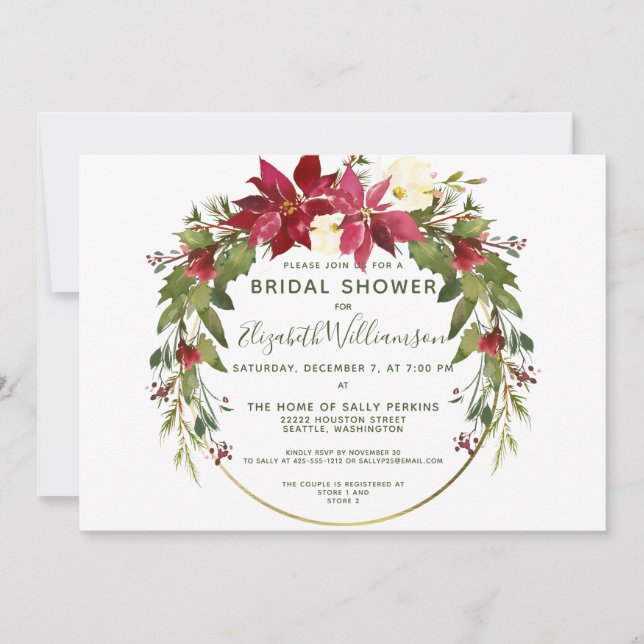 Elegantes Poinsettia Blumenweihnachtsfest Brautpar Einladung (Vorderseite)