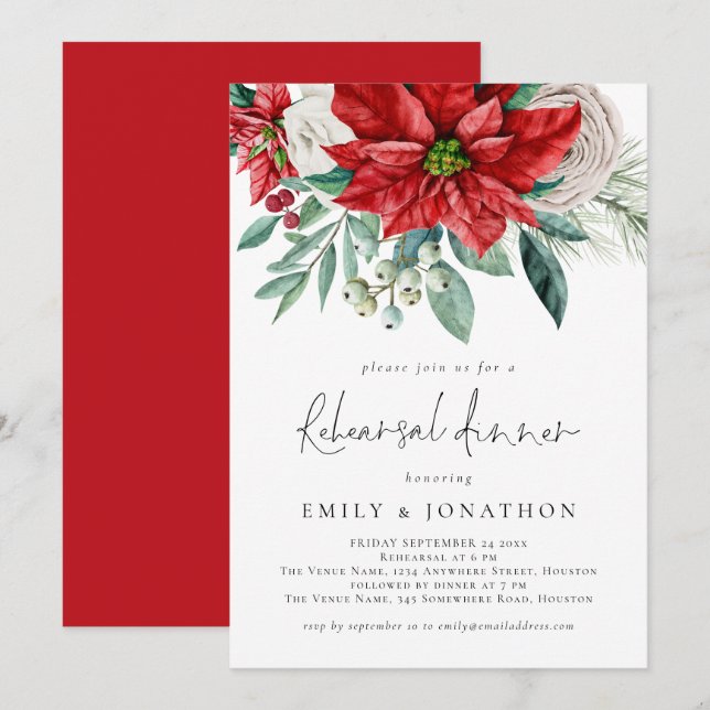 Elegantes Poinsettia Foliage Probe Dinner Einladung (Vorne/Hinten)
