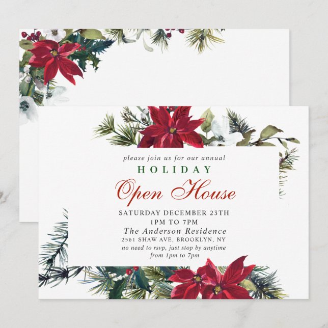 Elegantes Poinsettia Holiday Christmas Open House Einladung (Vorne/Hinten)