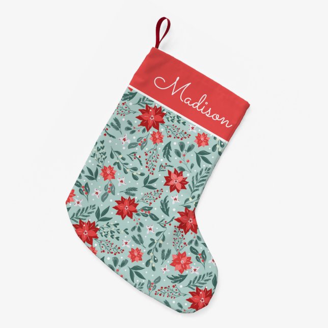 Elegantes Poinsettia Muster Personalisiert Kleiner Weihnachtsstrumpf (Vorderansicht (hängend))