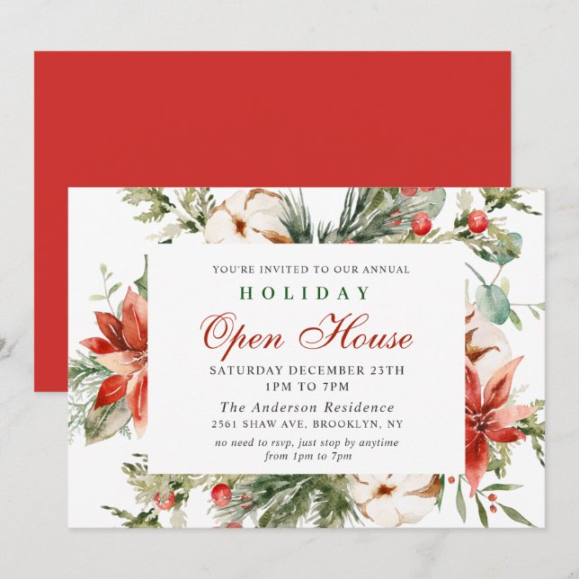 Elegantes Poinsettia Weihnachtsfeiertag Open House Einladung (Vorne/Hinten)
