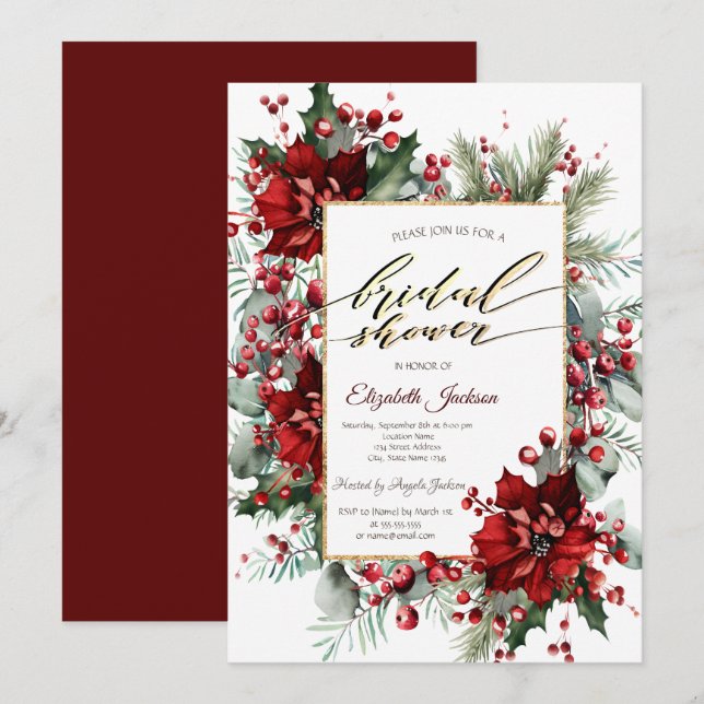 Elegantes Poinsettia Winter Brautparty Einladung (Vorne/Hinten)