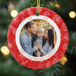 Elegantes Poinsettias und Pinecones Rotes Foto Keramik Ornament