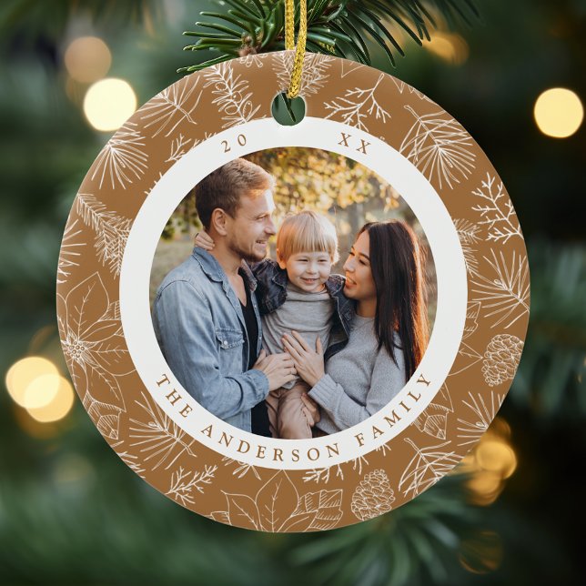 Elegantes Poinsettias und Pinecones Toffee Foto Keramik Ornament (Von Creator hochgeladen)