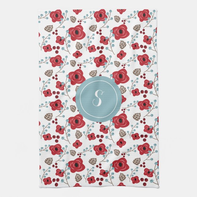 Elegantes Poppies- und Berries-Mustermonogramm Geschirrtuch (Vertikal)