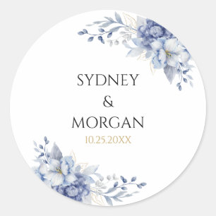 Elegantes Powder Blue & Floral Design Hochzeit Runder Aufkleber