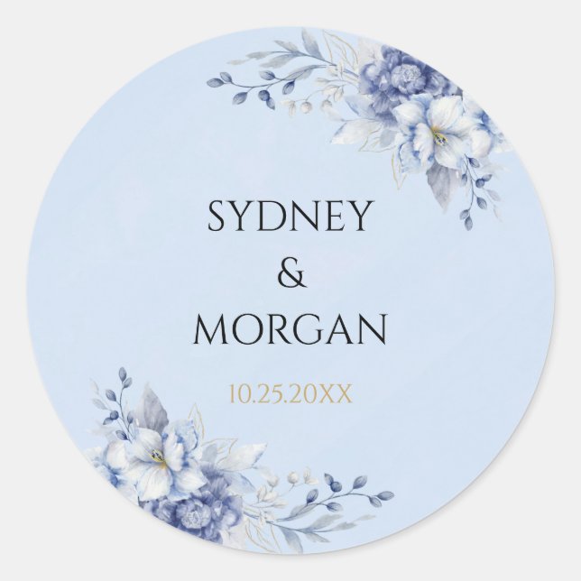 Elegantes Powder Blue & Gold Floral Design Hochzei Runder Aufkleber (Vorderseite)