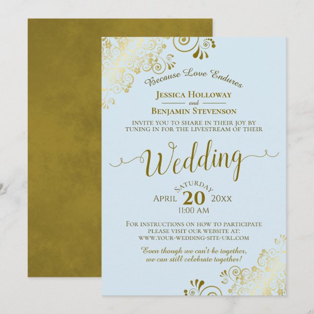 Elegantes Powder Blue & Gold Wedding Livestream Einladung (Vorne/Hinten)