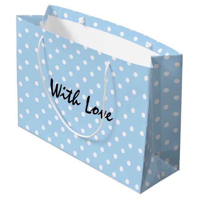 Elegantes Powder Blue Polka Dot Muster mit Liebe Große Geschenktüte (Rückseite Schrägansicht)