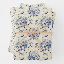 Elegantes Preppy Blue Beige Hydrangea Bow Muster Geschenkpapier Set