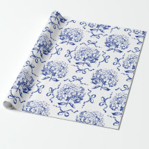 Elegantes Preppy Blue Toile Hydrangea Bow Muster
