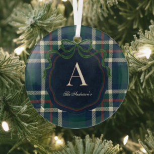 Elegantes Preppy-Karostoff-Monogramm-Weihnachten Ornament Aus Glas