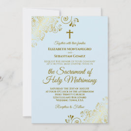 Elegantes Pulver Blue & Gold Moderne katholische H Einladung