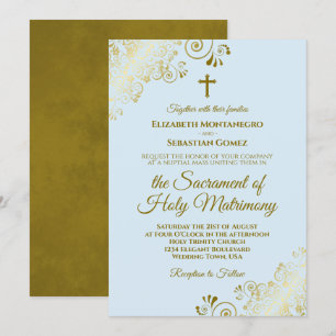 Elegantes Pulver Blue & Gold Moderne katholische H Einladung