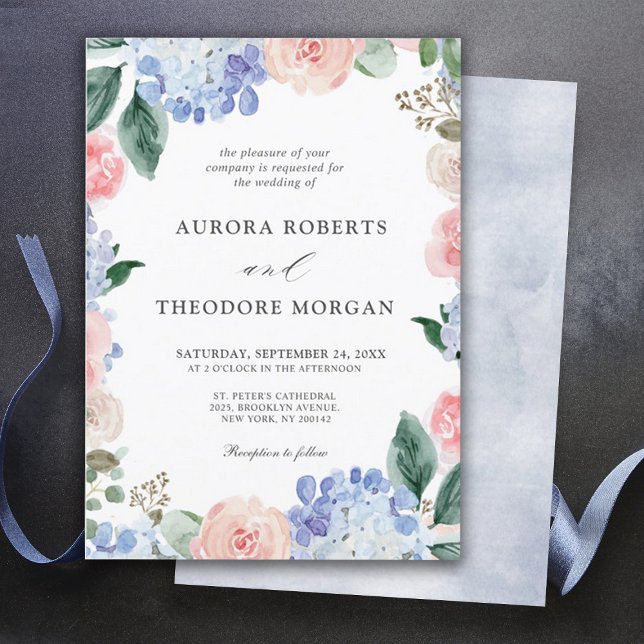 Elegantes Pulver Blue Pink Hydrangea feierliche Ho Einladung (Dusty blue powder color hydrangea wedding invitation)