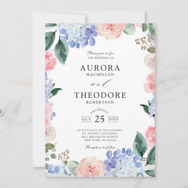 Elegantes Pulver Blue Pink Hydrangea feierliche Ho Einladung (Vorderseite)