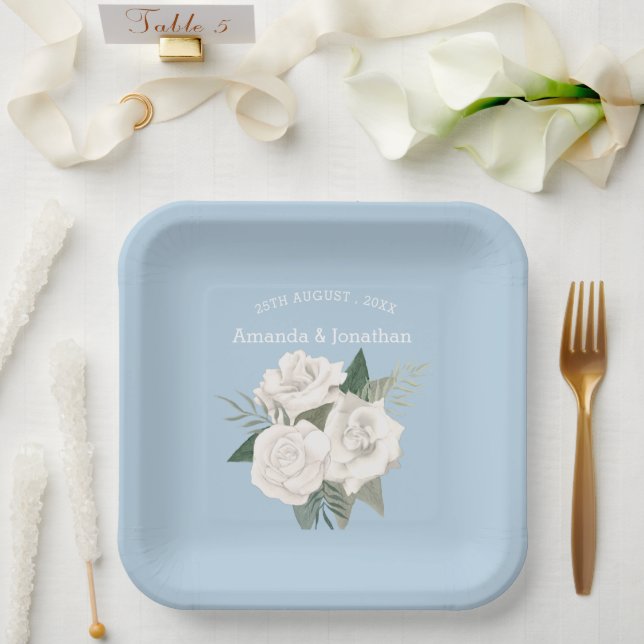 Elegantes Pulver Hochzeit von Blau und Weiß Rosen Pappteller (Hochzeit)