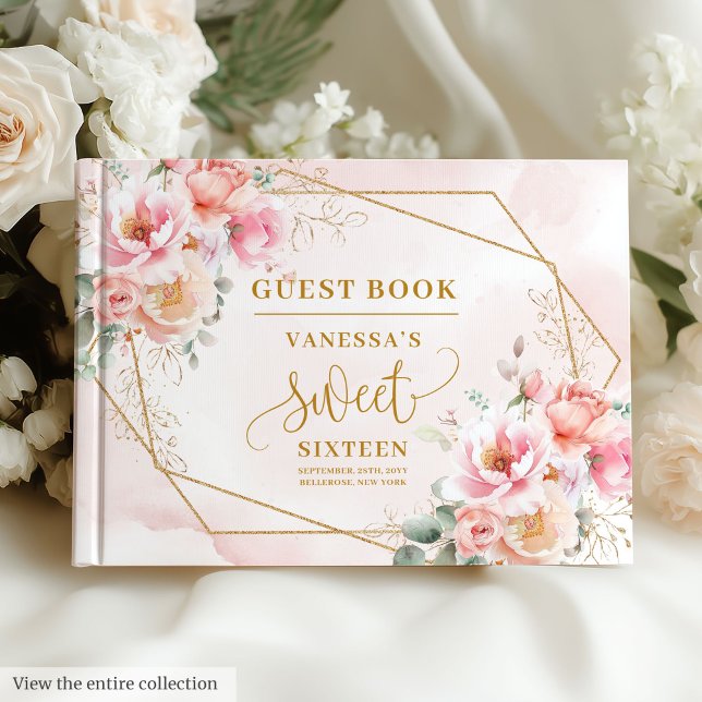 Elegantes Pulver Rosa Sage Gold Floral 16 . Geburt Gästebuch (Elegant Powder Pink Sage Gold Floral Sweet Sixteen Guest Book)