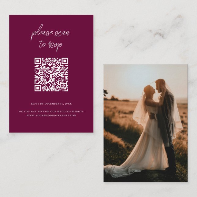 Elegantes QR Code Foto Burgundy Wedding RSVP Begleitkarte (Vorne/Hinten)