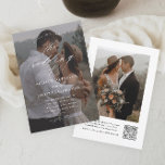 Elegantes QR Code Foto Hochzeit Einladung<br><div class="desc">Elegantes QR Code Foto Hochzeitseinladung mit eleganten Schrift-Kalligrafiedetails und klassischem Texteüberlagern auf einem portrait vertikalen Foto auf der Vorderseite. Die Rückseite hat ein komplettes Foto und UAWG. Klicken Sie auf die Schaltfläche Bearbeiten,  um dieses Design anzupassen.</div>