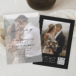 Elegantes QR Code Foto Hochzeit Einladung<br><div class="desc">Elegantes QR Code Foto Hochzeitseinladung mit eleganten Schrift-Kalligrafiedetails und klassischem Texteüberlagern auf einem portrait vertikalen Foto auf der Vorderseite. Die Rückseite hat ein komplettes Foto und UAWG. Klicken Sie auf die Schaltfläche Bearbeiten,  um dieses Design anzupassen.</div>