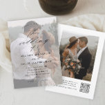 Elegantes QR Code Foto Hochzeit Einladung<br><div class="desc">Elegantes QR Code Foto Hochzeitseinladung mit eleganten Schrift-Kalligrafiedetails und klassischem Texteüberlagern auf einem portrait vertikalen Foto auf der Vorderseite. Die Rückseite hat ein komplettes Foto und UAWG. Klicken Sie auf die Schaltfläche Bearbeiten,  um dieses Design anzupassen.</div>