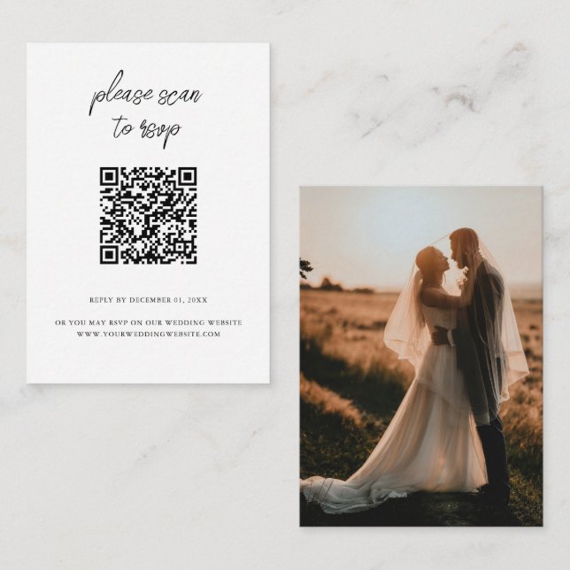 Elegantes QR Code Foto White Wedding RSVP Begleitkarte (Vorne/Hinten)