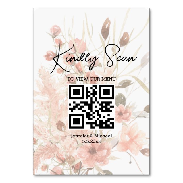 Elegantes Qr-Code Hochzeitsmenü botanischer Boho Tischnummer (Vorderseite)
