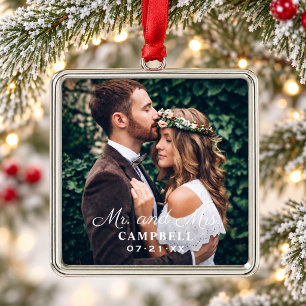 Elegantes quadratisches Hochzeitsfoto mit Namen vo Ornament Aus Metall