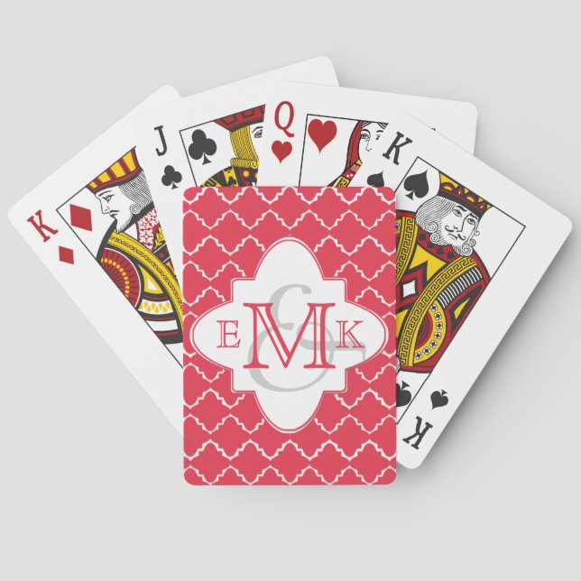 Elegantes Quatrefolie Monogramm - Rotes Weiß Spielkarten (Rückseite)