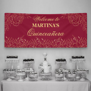 Elegantes Quinceanera Burgund Gold Floral Willkomm Banner
