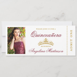 Elegantes Quinceanera Foto Burgund und Gold Ticket Einladung